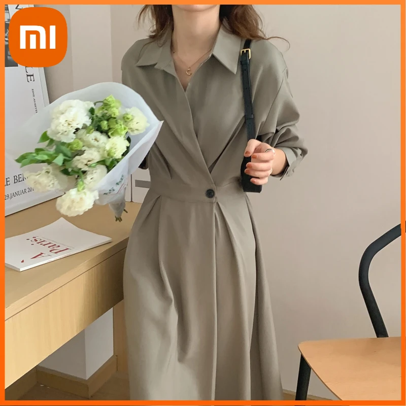 

Однотонные Элегантные платья Xiaomi, женское осеннее платье-поло средней длины с разрезом, офисное женское дизайнерское повседневное цельное ...