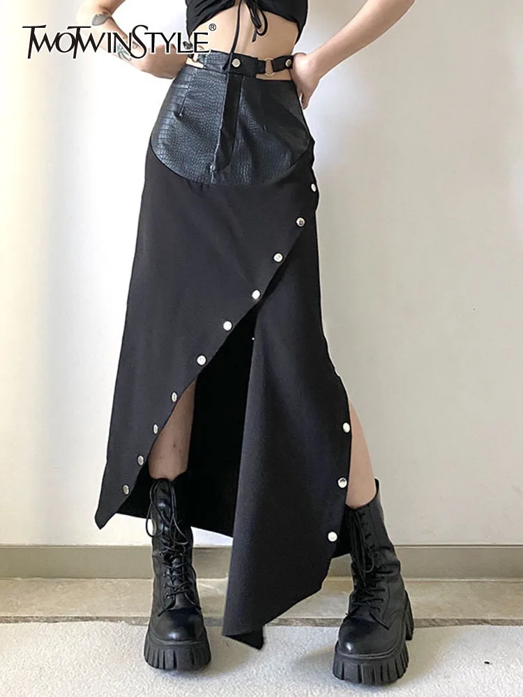 

Женская уличная юбка TWOTWINSTYLE, Однотонная юбка из комбинированной кожи с высокой талией и пуговицами