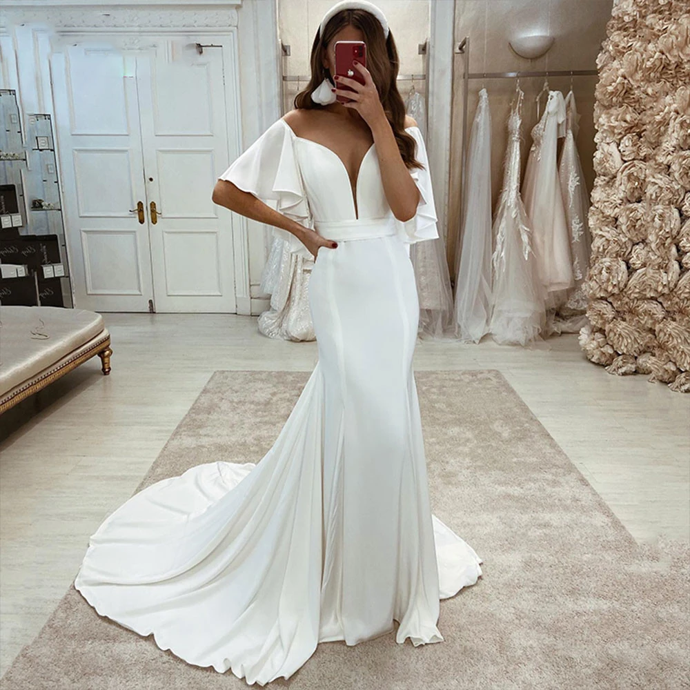 

Chiffon Off Shoulder Wedding Dresses Short Flare Sleeves Bodycon Beach Bridal Gowns Customize Made Low-Cut V-Neck For Women
