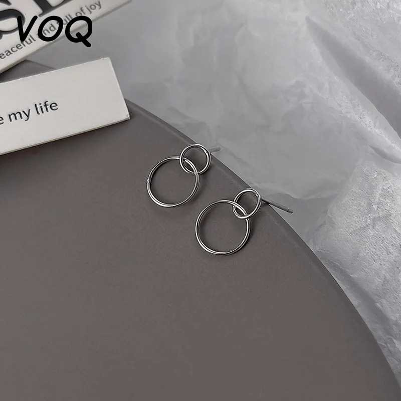 

VOQ Silver Color Simple Double Circle Earrings for Women Girl Fashion Jewelry