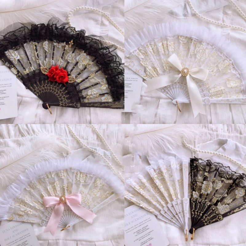

Elegant Embroidered Flower Rose Pattern Sequin Folding Handheld Hand Fan Hand-Crafted Black/White Gothic Hand Fan
