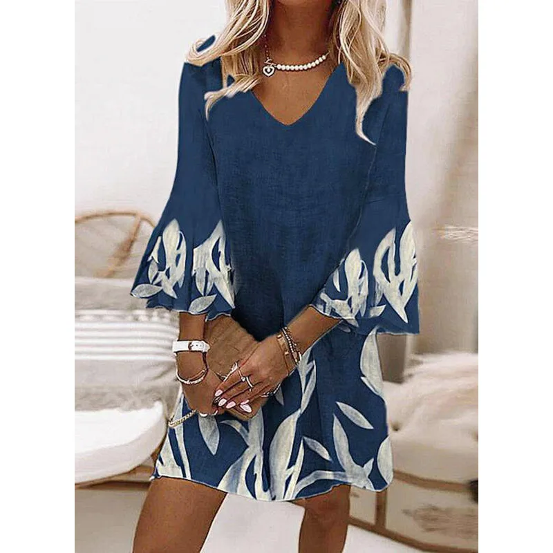 

Женская одежда с цветочным принтом, платье с оборками и коротким рукавом, весна-лето 2022, мини-платье вечерние V-образным вырезом, Вечернее св...