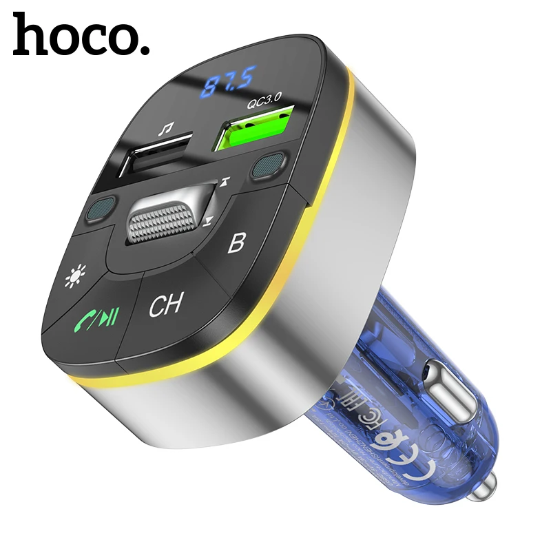 

HOCO Transparent QC3.0 18W Car Charger AUX Bluetooth FM Transmitter USB Handsfree LED Display Ambient Light Cigarette Lighter