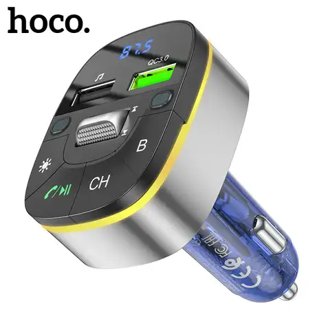 HOCO прозрачный QC3.0 18W зарядное устройство автомобиля AUX Bluetooth FM передатчик USB Handsfree LED дисплей окружающий свет зажигалка