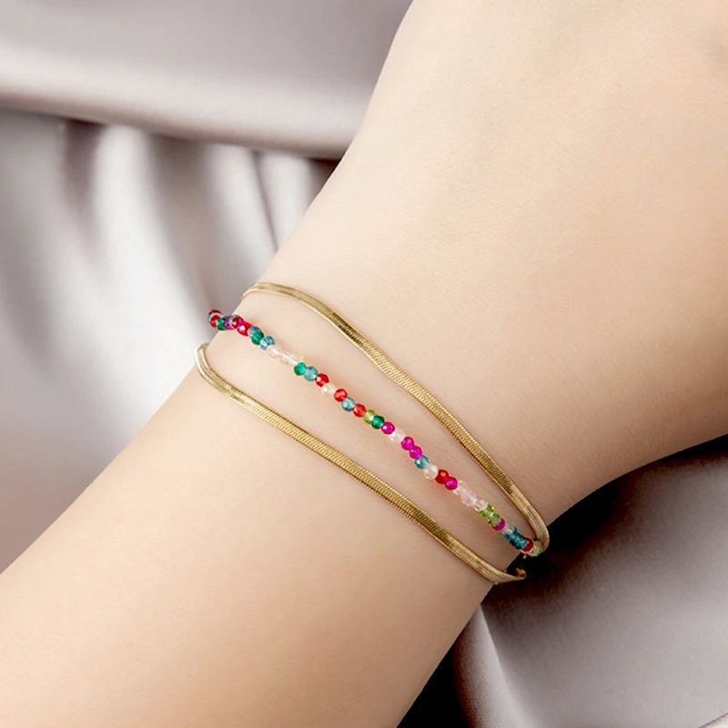 

Colorful Rice Beads Bracelet Summer Three Layers Bohemian Rainbow Seed Bead Bracelets Gold Stainless Steel Bracelet for Women
