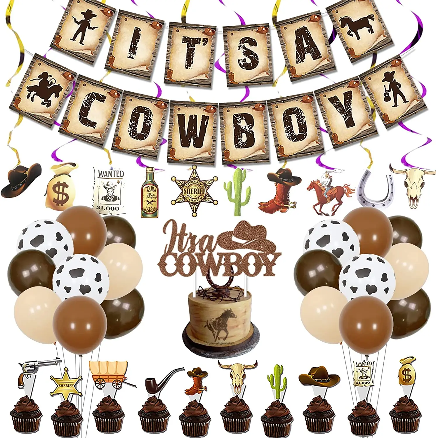 

Western Cowboy Decorations for Boys, It's A Cowboy, Brown Banner, Cake Toppers, Balloons for Horse, Rodeo, Horseshoe Decor