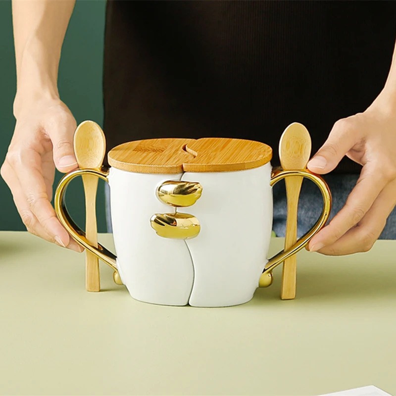 

Creative Gold Handle Couple Cup Ceramic Coffee Mug With Spoon Afternoon Tea Drinking Cup Gift Box Valentine's Day Gift Porcelain