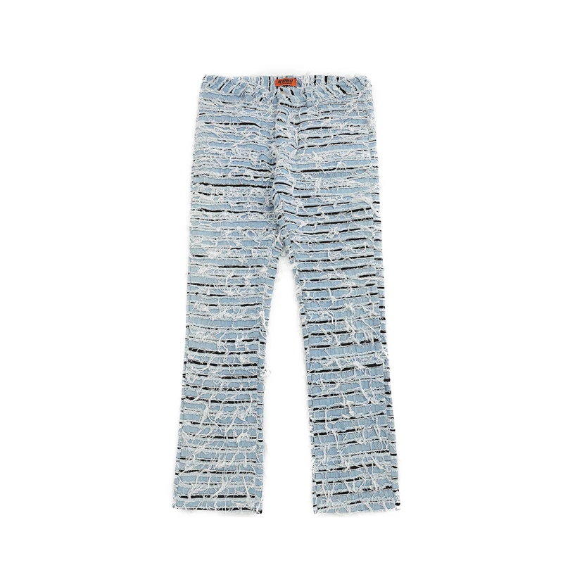Jeans Pants for Men Retro Washed Straight Baggy Casual Hole Denim Trousers Oversized High Street Distressed Ripped Frayed Blue