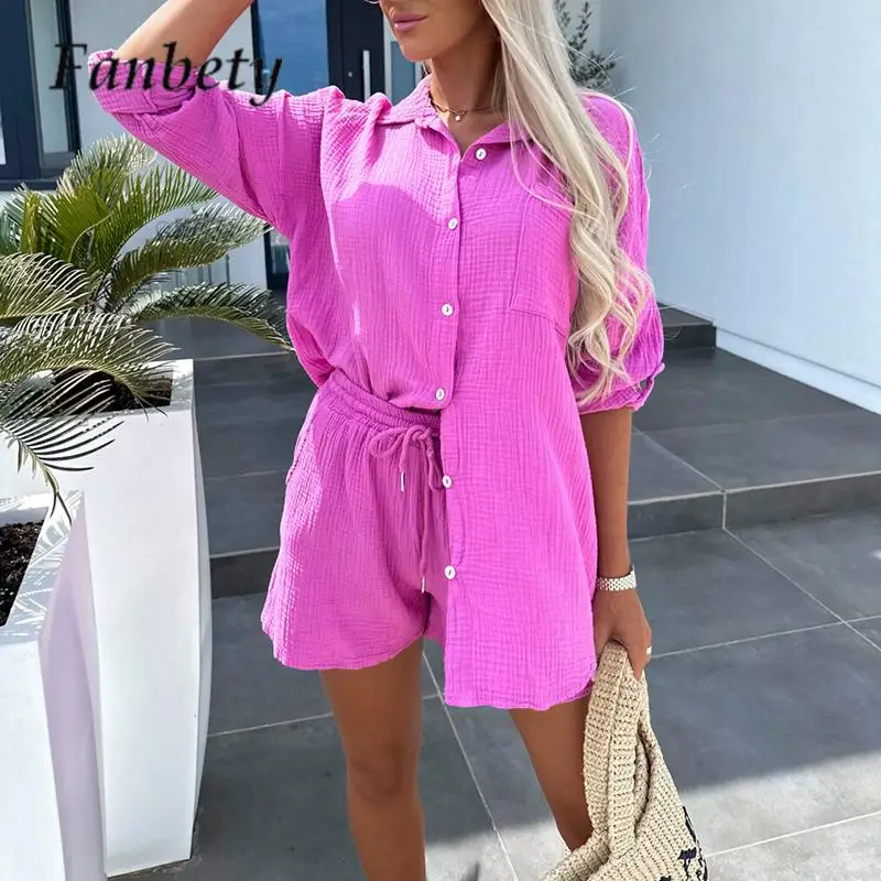 

Женский повседневный комплект из рубашки и шортов, однотонный комплект из 2 предметов с длинным рукавом и тонкими шортами, подходящая ко все...