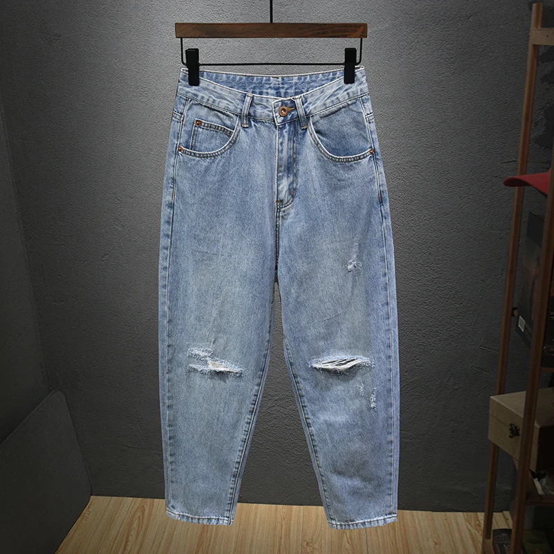 American Street Fashion Men Jeans Retro Blue Loose Fit Ripped Jeans Men Wide Leg Trousers Patched Designer Straight Pants Hombre