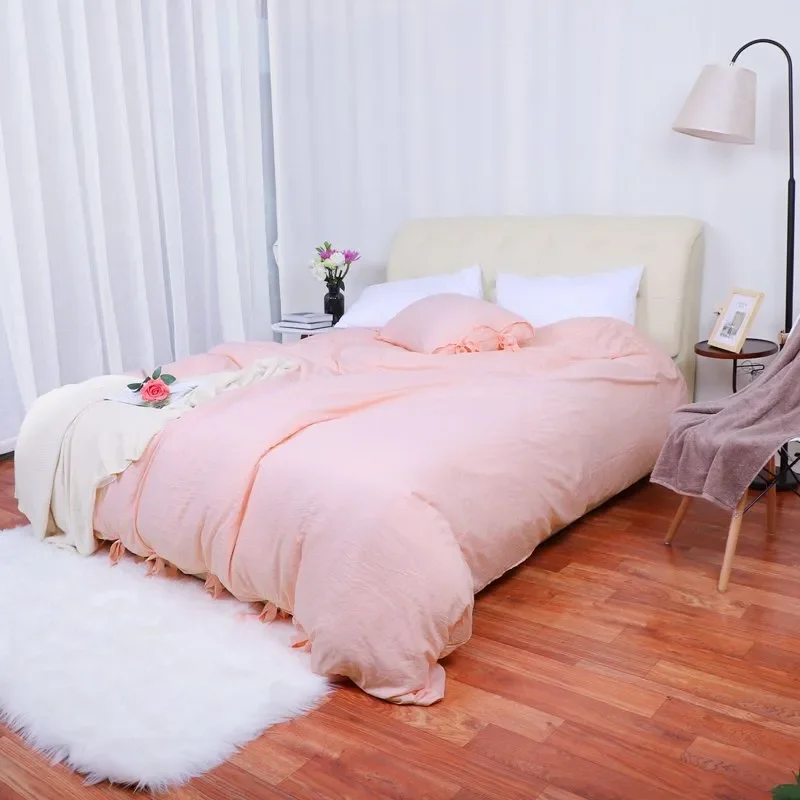 

Washed Cotton Comforter Duvet Cover Pillowcase Bedding Set Light Pink Twin