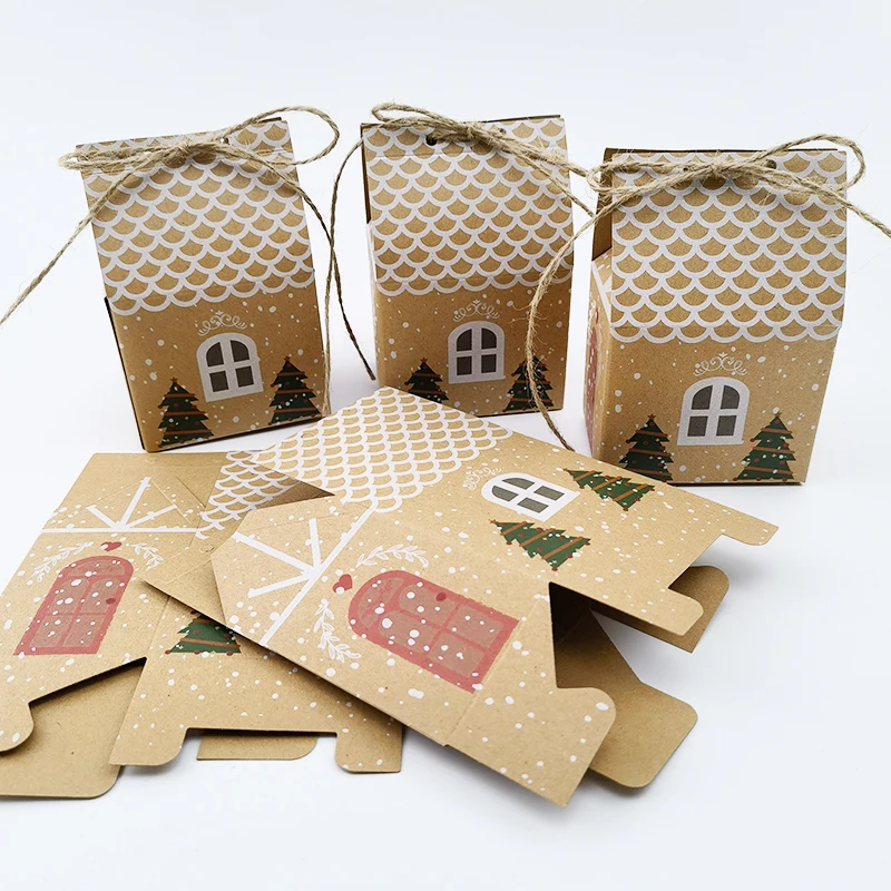

5pcs Christmas House Style Christmas Gift Box Kraft Paper Candy Boxes Christmas Decorations for Home Navidad Gift New Year 2023