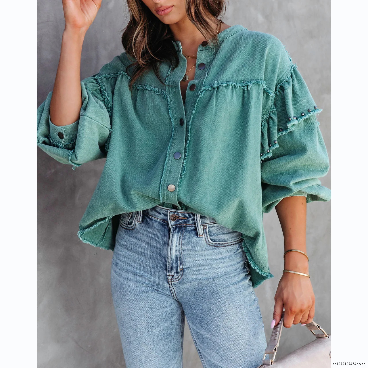 

Personality Street Denim Shirt Women 2023 Rivet Heavy Washing trimmings Jeans Shirt Woman Loose Casual Tops Long Sleeve Blouses