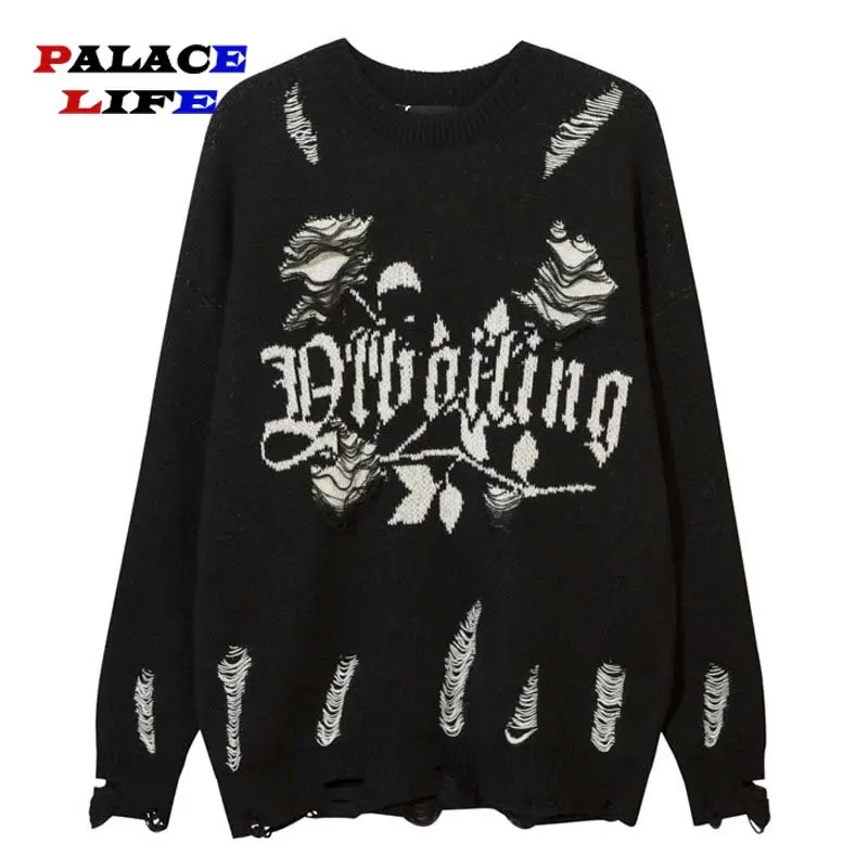 Men Streetwear Sweater Ripped Distressed Rose Graphic Dark Harajuku Floral Knitted Sweater Hip Hop Pullover Casual Sweater Black