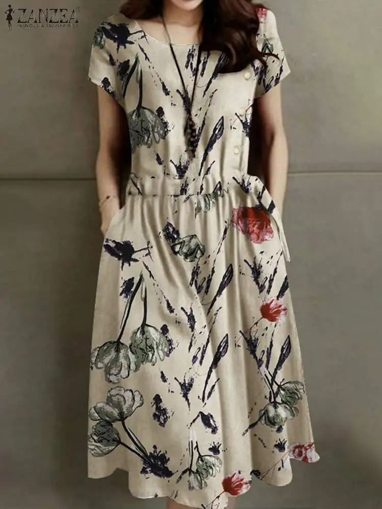 

Винтажный сарафан ZANZEA с коротким рукавом и цветочным принтом, женское богемное пляжное праздничное платье, Повседневное Платье До Колена н...