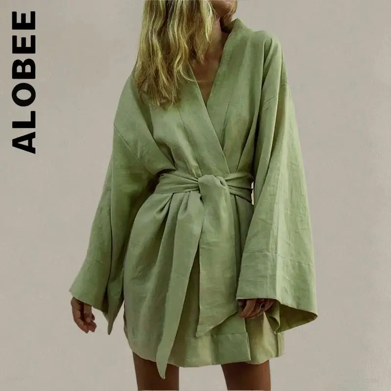 

Alobee Fashion Cotton Linen Long Sleeve Sashes Dresses Robe Style Lace Up Summer Loose Vintage Slim Dresses Harajuku Chic Dress