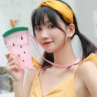 cute water bottle with strap and straw reusable plastic juice drinking cup portable children water cup for home party travel