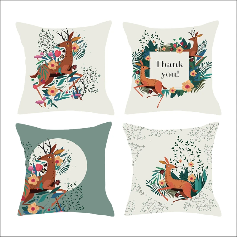 

Fresh Cartoon Illustration Printing Pillowcase Elk and Flower Cushion Decorative Pillow Home Decoration 45*45cm