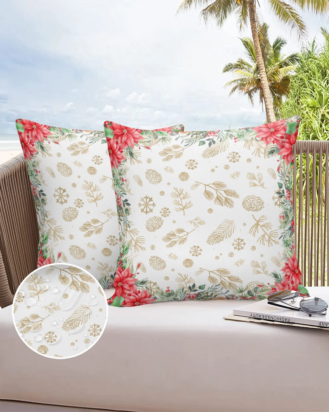 

2/4PCS Christmas Flowers And Pine Leaves Waterproof Decorative Sofa Pillowcase Case Garden Yard Cushion Cover