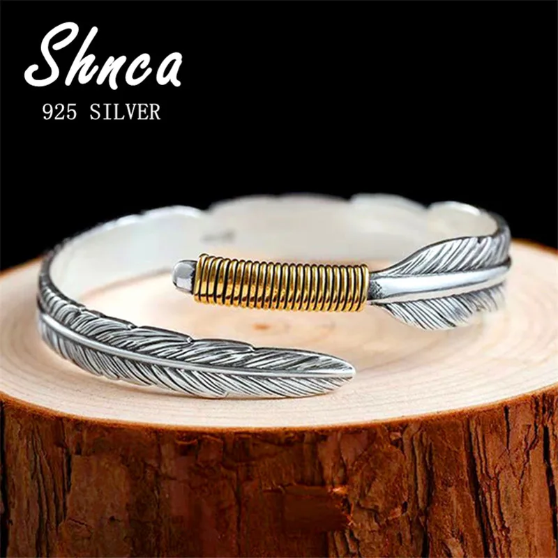 

Luxurious Vintage New 925 Sterling Silver Feather Shape Leaves Charm Bracelet & Bangles For Men Women Anti-Allergy LB029