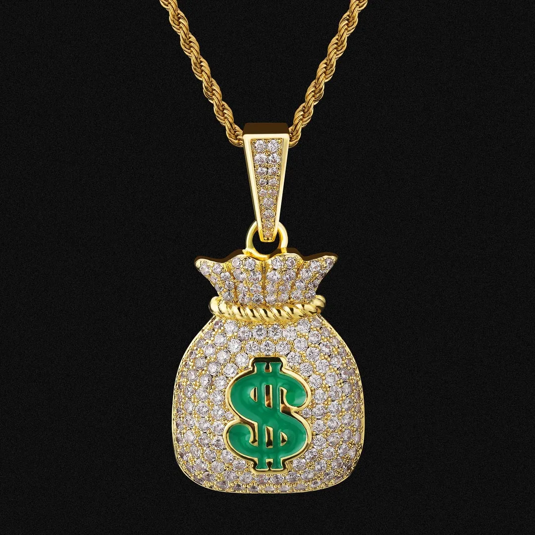 

JEWE Iced Out Gold Plated Money Bag Pendant Come with Rope Chain