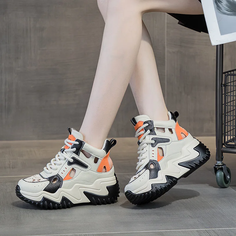 7CM Chunky Hollow Breathable Sneakers Fashion Genuine Leather Women New Female Summer Comfy Lace Up Fashion Ladies Shoes