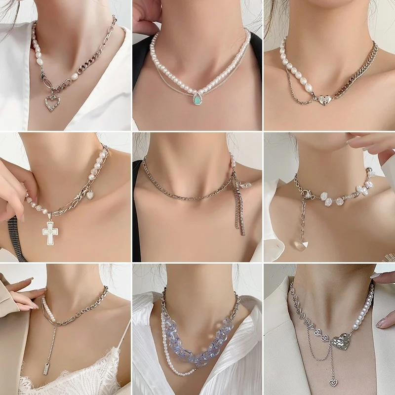 

Minar Korean Multiple Irregular Freshwater Pearl Pendant Necklace for Women Cross Love Heart Chunky Chain Necklace Party Jewelry
