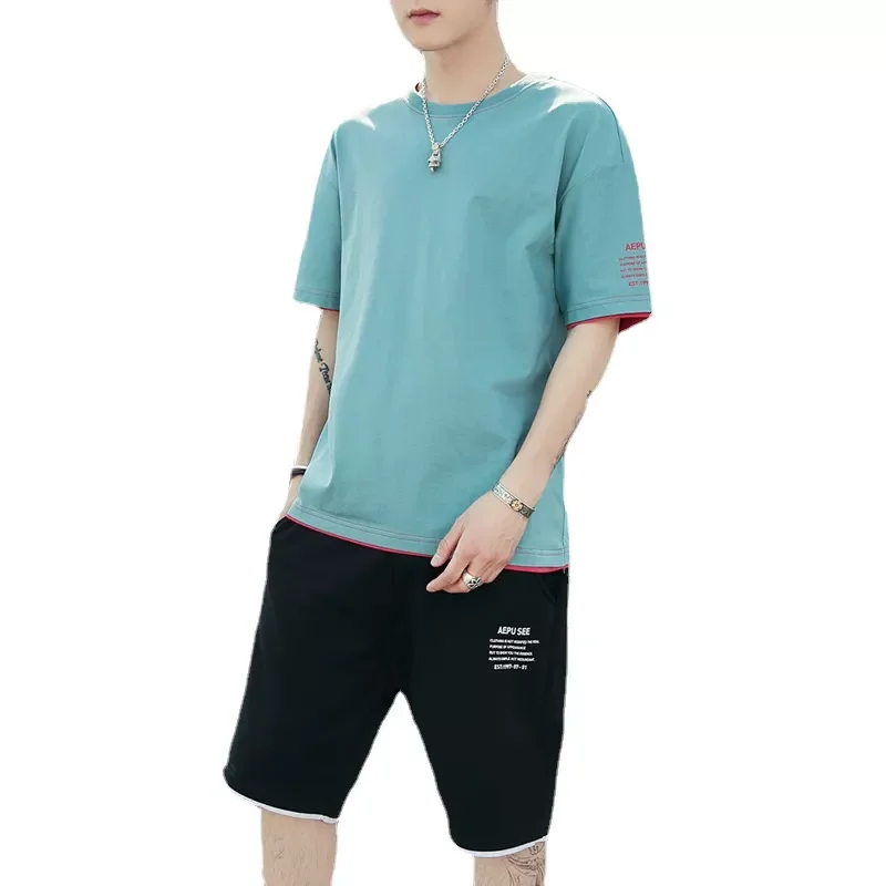 

Summer Men's Short-sleeved Casual Sports Suit Loose T-shirt Young Students Mens Clothing Men Sets Pockets O-Neck Solid Pullo