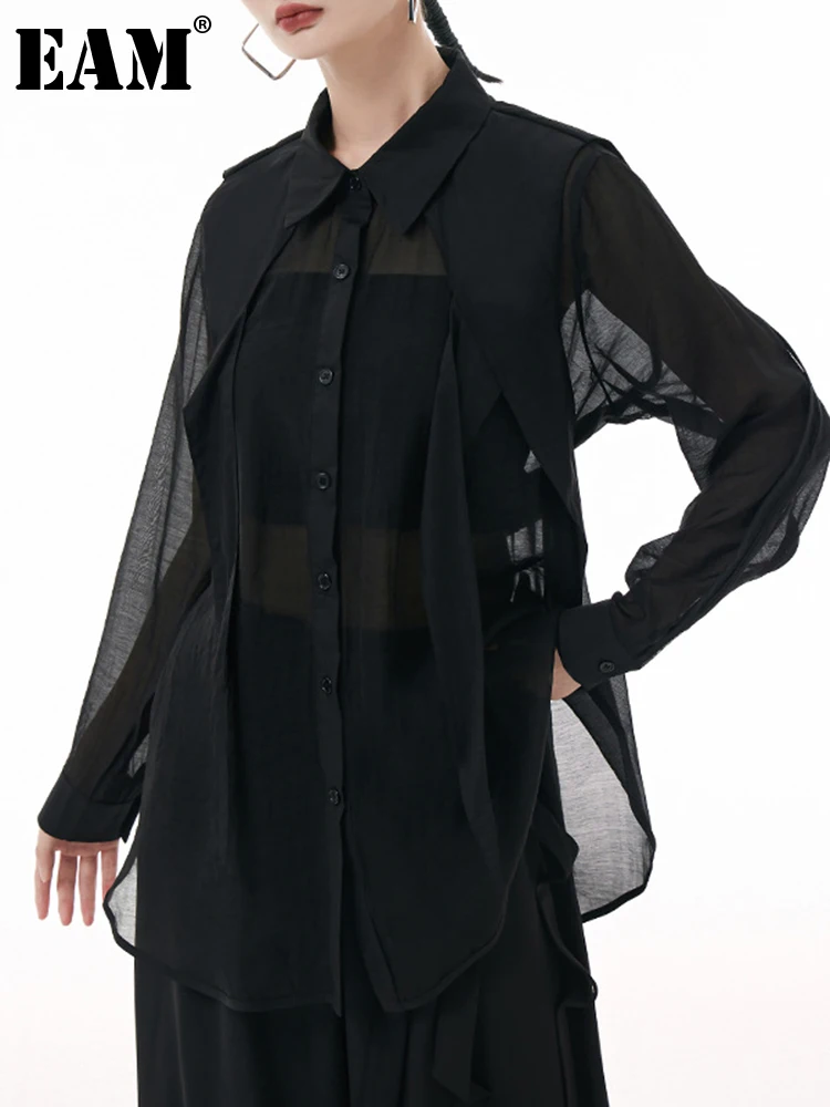 

[EAM] Women Black Perspective Big Size Blouse New Lapel Long Sleeve Loose Fit Shirt Fashion Tide Spring Autumn 2023 1DH0508