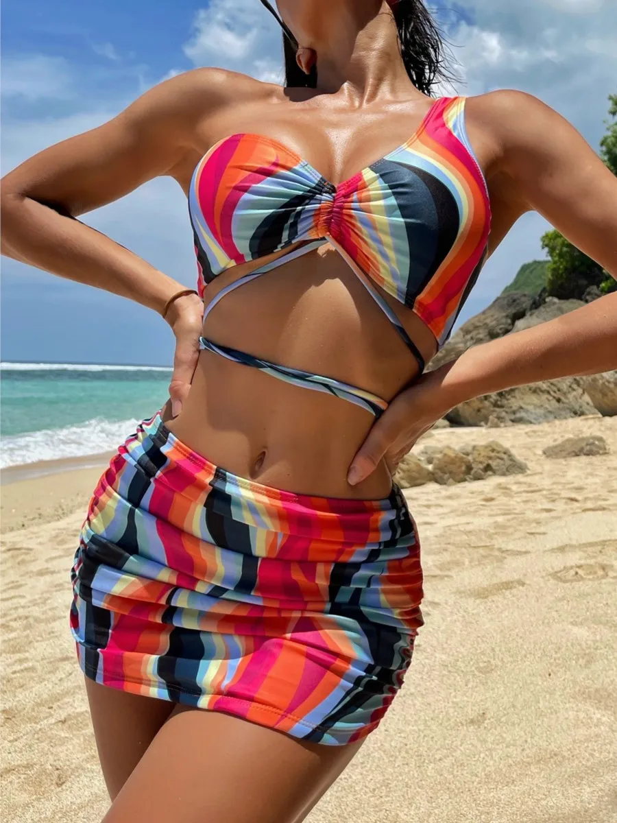 

2022 New 3 Piece Bikinis Set Sexy Women's Swimsuit Fashion One Shoulder Printing Swimwear Push Up Bathing Suit Summer Beach Wear