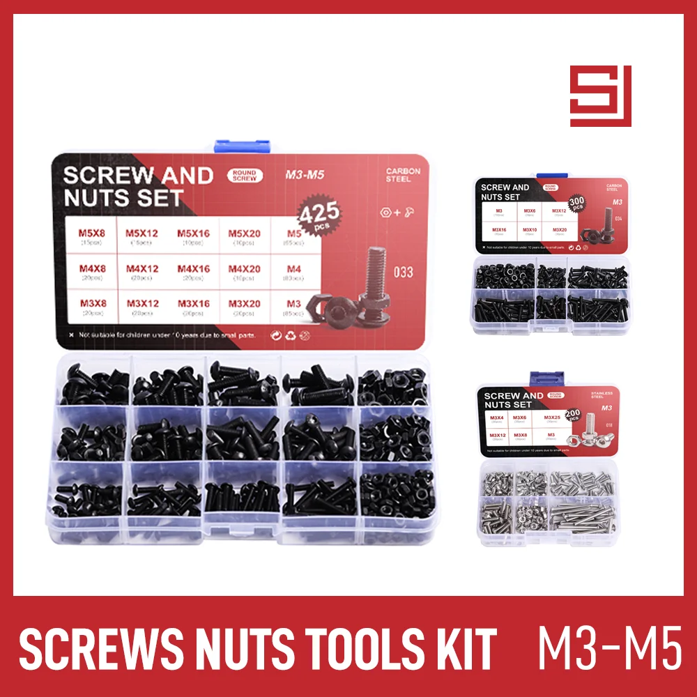 200/300/425 Pcs Socket Screws Nuts Assortment Kit M3 M4 M5 Stainless Steel Black 304/10.9 Pan Head Allen Bolt Hex Nut Tool Box