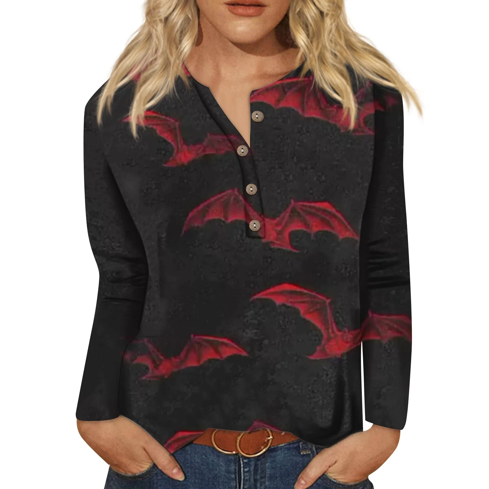 

New In T-Shirt Party Halloween Bat Printed Pattern V Neck Long Sleeve With Button Casual Party Blouse Simple Blouse Camisetas