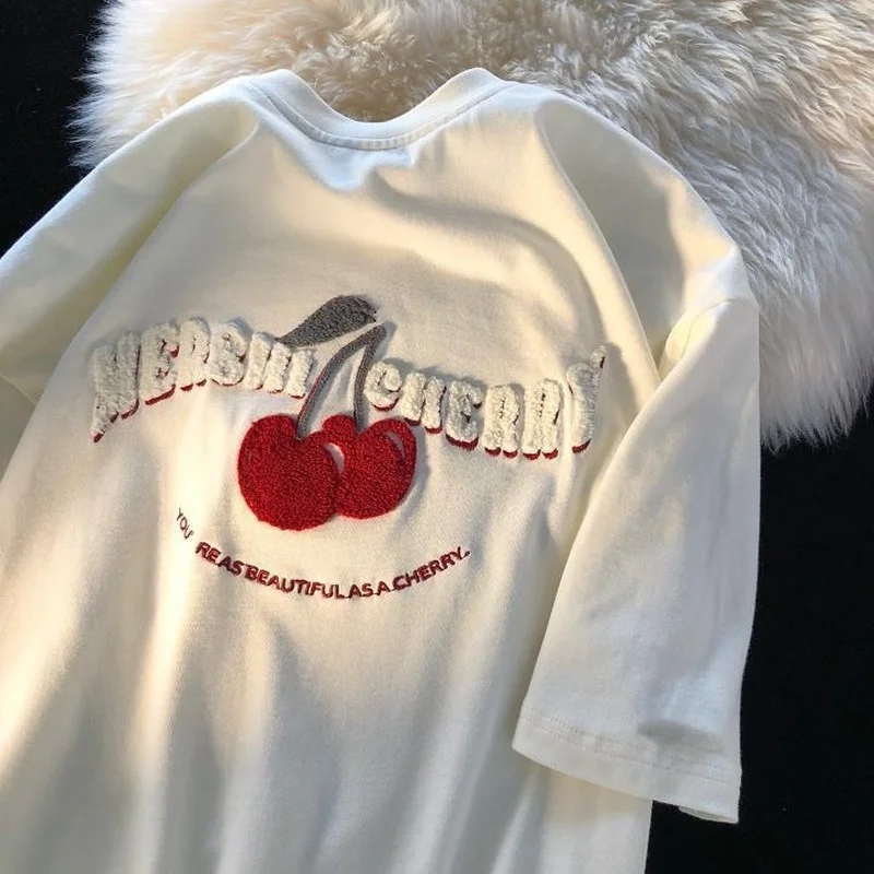 

Sweet Girl High Street Flock Cherry Embroidery T Shirts Pure Cotton 2022 Summer Large 3XL Harajuku Oversized Teens Y2k Aesthetic