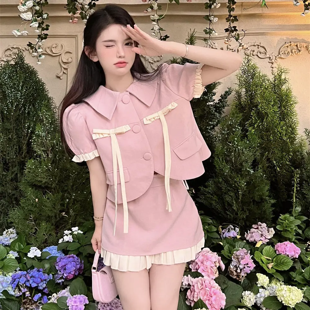 

2022 Summer Women's Sweet Pink Two Piece Set Cute Girl Luxury Design Puff Sleeve Top Coat + A-line Skirt Suit 2 Pieces
