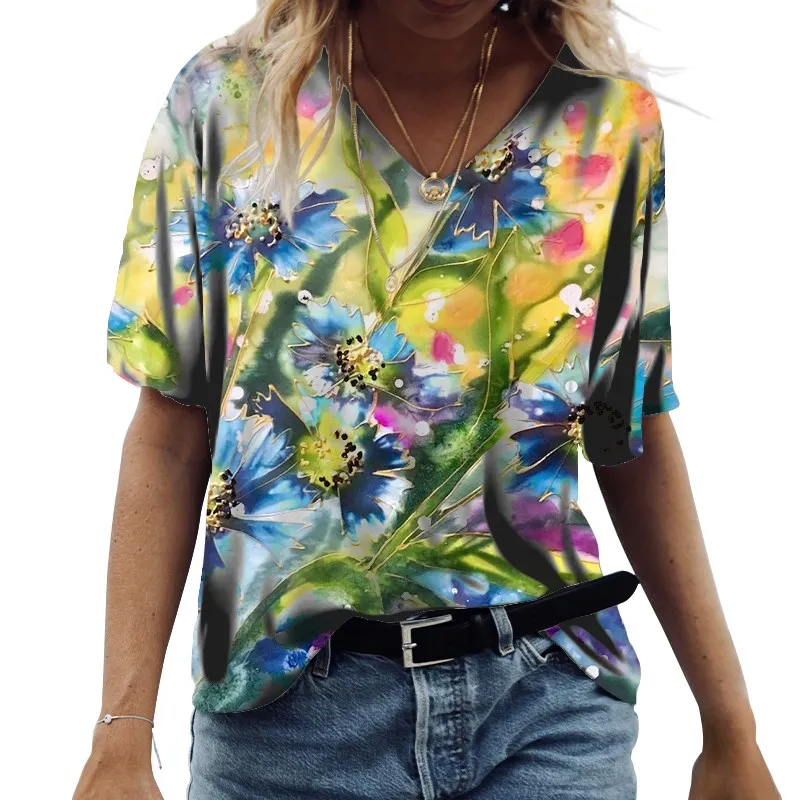 

Женская футболка с коротким рукавом и принтом пейзажа, повседневные брюки, V-образный карман, Свободный Топ, женская футболка