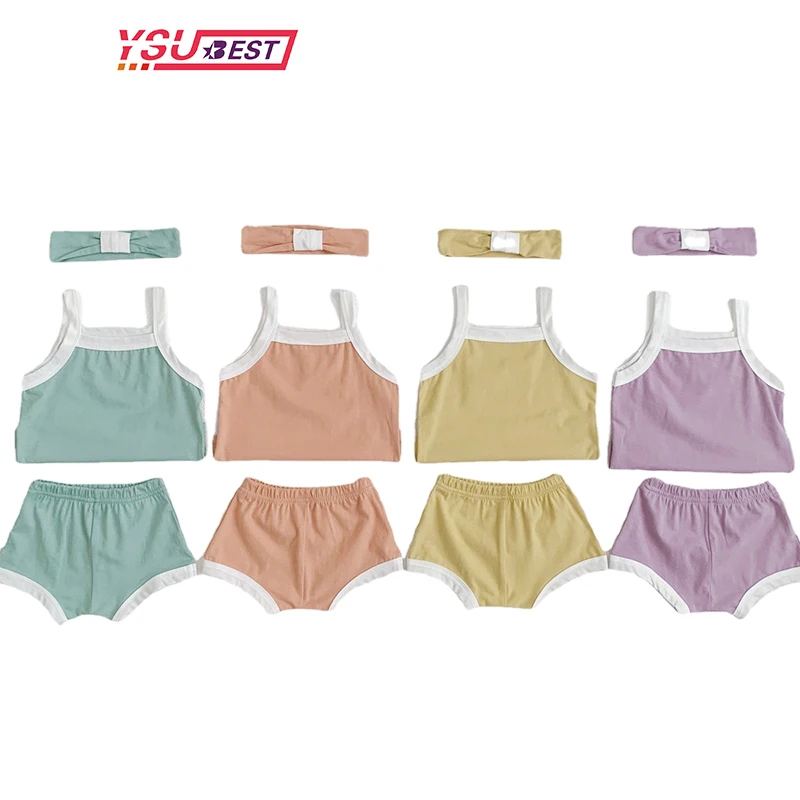 

2023 New Baby Sets Summer Toddler Girl Strap Suits Cotton Solid Baby Boys Tops and Shorts Infant Tracksuit Newborn Sets Hairband
