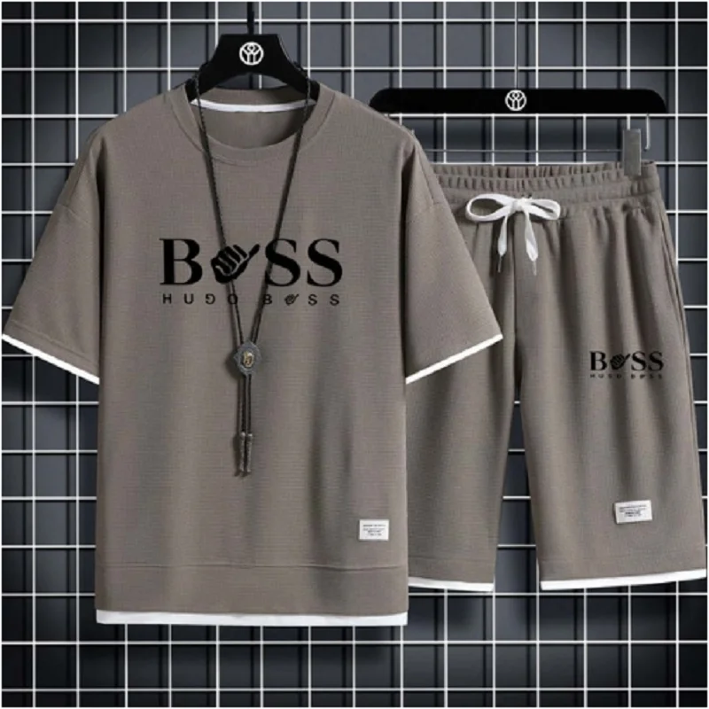 Summer Two Piece Waffle Casual T-shirt and Shorts Loose Fit Sports Set Fashion Short Sleeve Sports Set