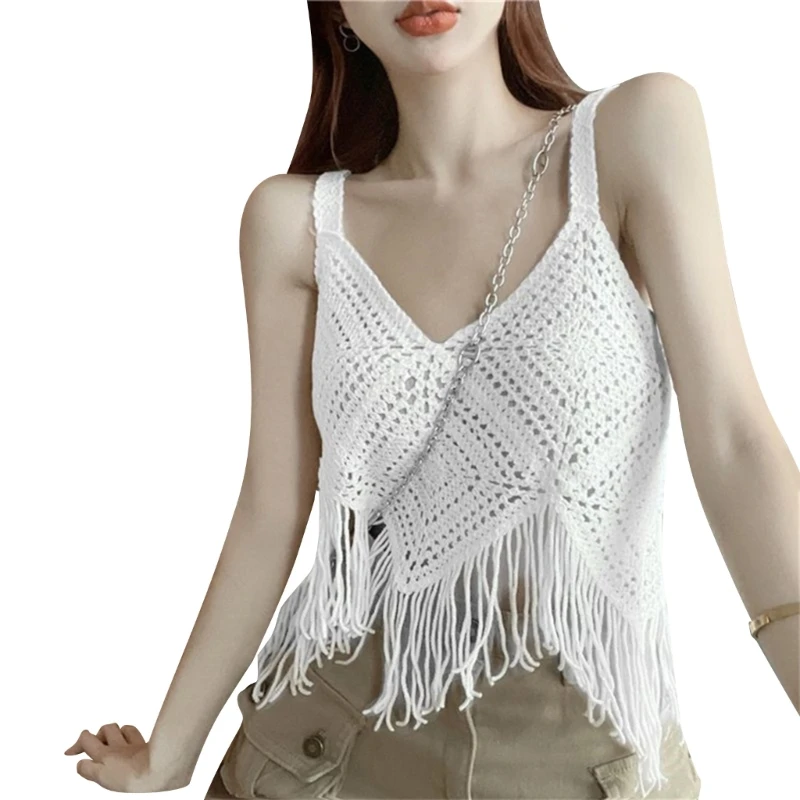 

Women Camis Top Knitted Camisole Tassels Solid Neck Top