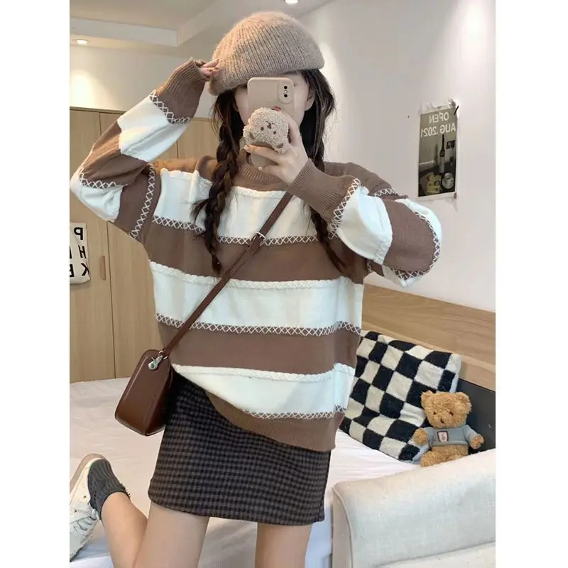 

Pullover Loose Top Stripe Contrasting Gentle Long Sleeve Women Sweater Autumn Winter O Neck Pullover Slouchy Knitwear Sweater