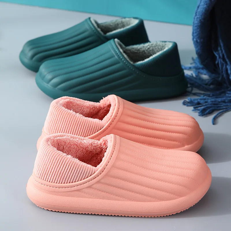 Waterproof Cotton Slippers Women Thick Sole Winter Plush Warm Couple Home Home EVA Indoor and Outdoor Wear Men Shoes
