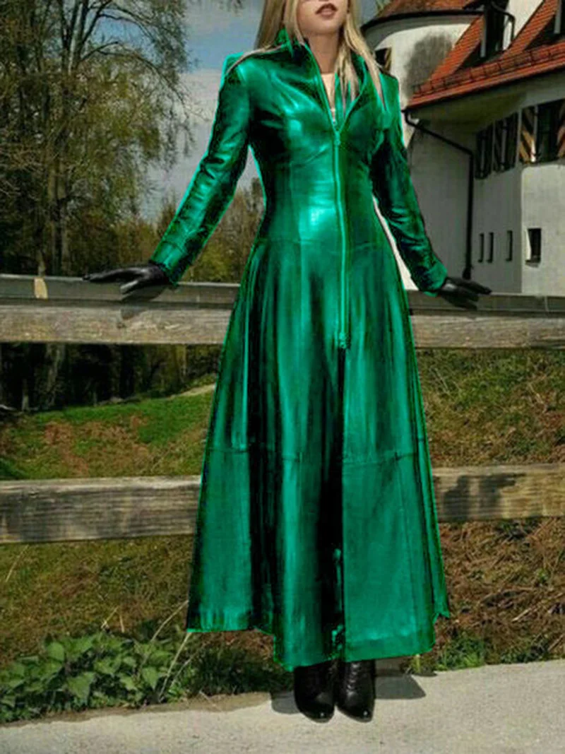 Women Faux Leather Coat Women Fashion Solid Stand-up Collar Zipper Retro Coat Female 2021 Fall Winter X-Long Vintage PU Jacket