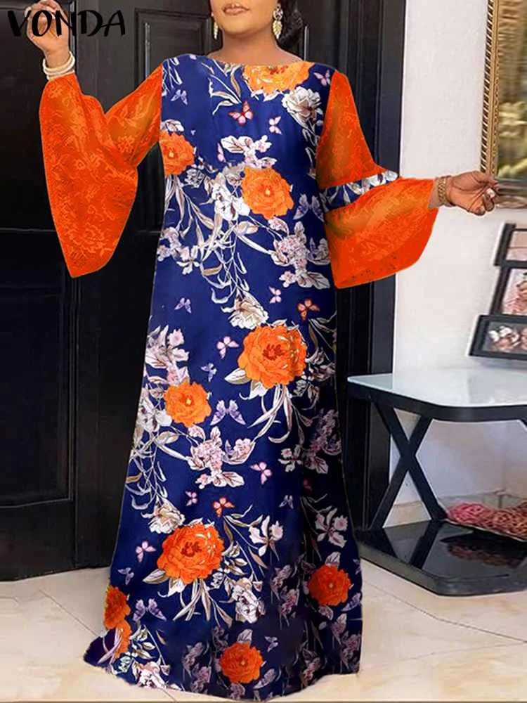VONDA 2023 летнее женское кружевное Макси-платье с длинным рукавом и цветочным