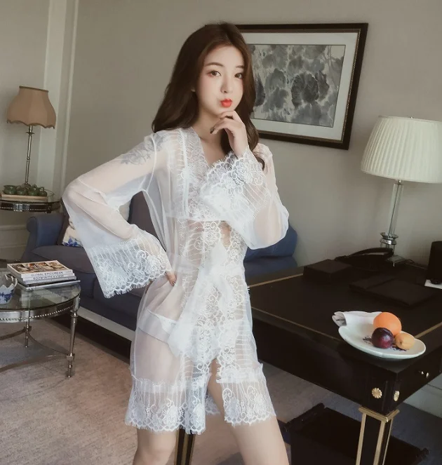 

New women's sexy underwear transparent perspective mesh sexy seductive lace pajamas nightdress seductive Nightgown suit White