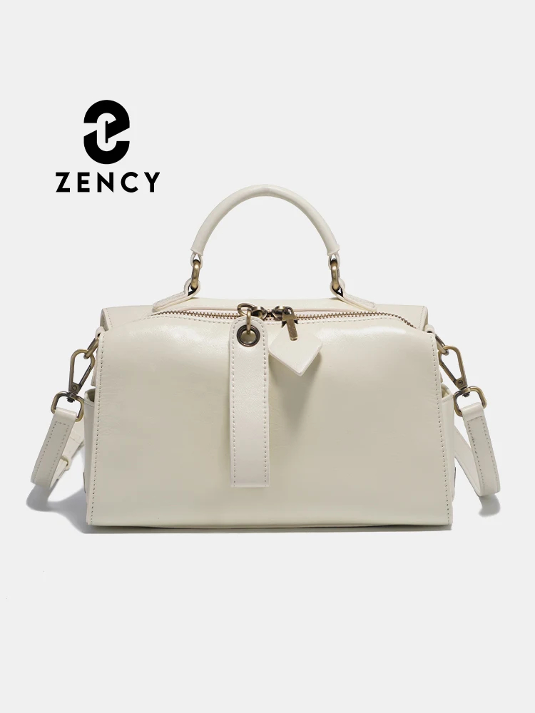 Zency 2023 100% Genuine Leather Vintage Brown Handbag Elegant Women Shoulder Bag Satchel With Ethnic Style Wide Strap Gift White
