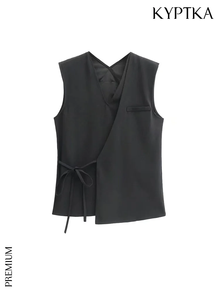 

KYPTKA Women Fashion With Tied Wrap Waistcoat Vintage Sleeveless Back Vents Female Outerwear Chic Tops