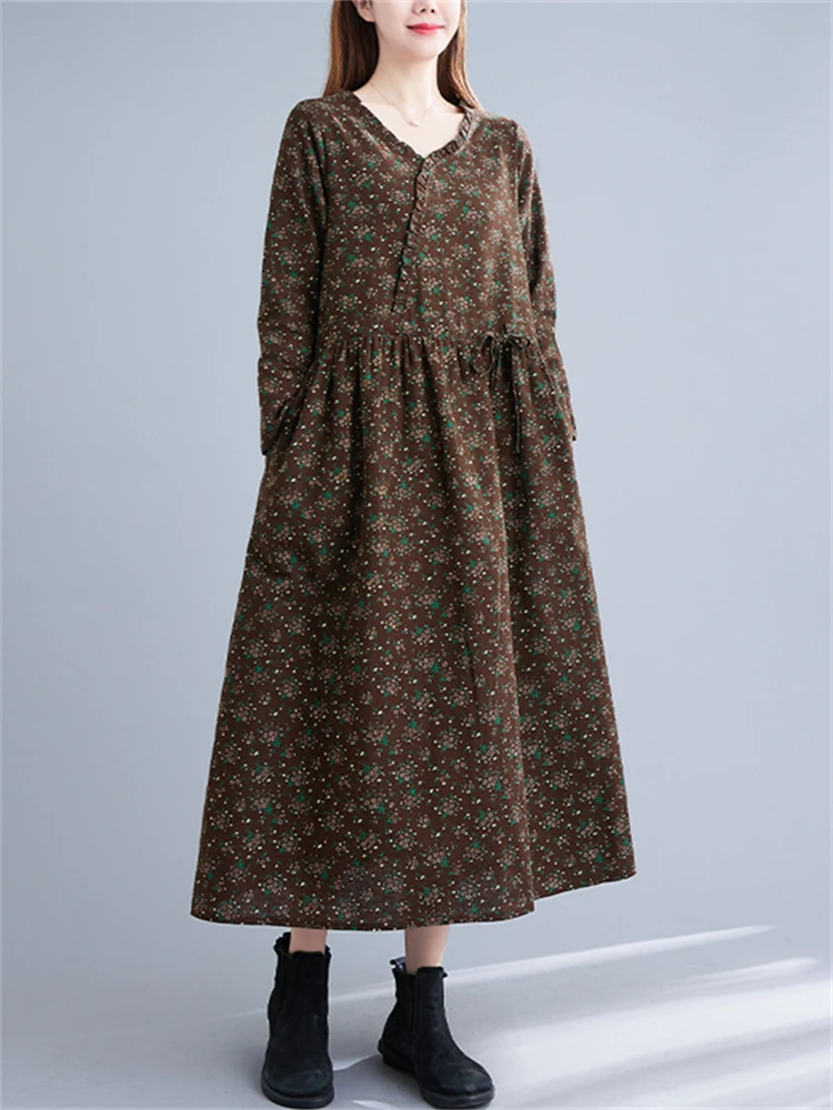 Женское Хлопковое платье с V-образным вырезом длинным рукавом и цветочным
