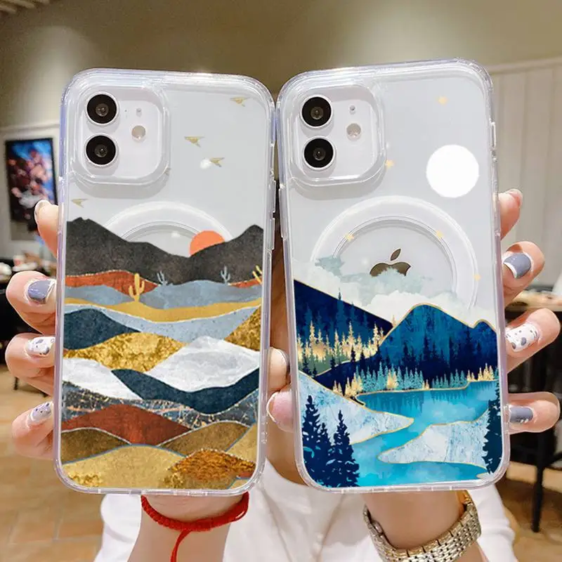 

mountain scenery Phone Case For iPhone 13 12 11 Mini Pro Max transparent Super Magnetic MagSafe Cover