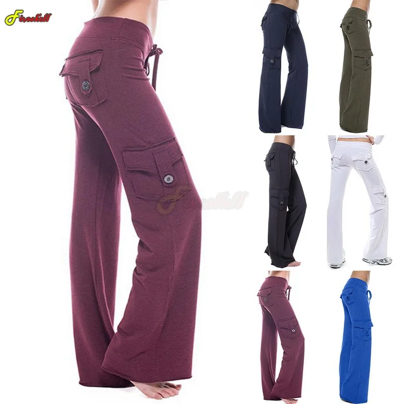 Women Long Pants Gym Fitness Elastic Waist Button Pockets Punk Sweatpants Classic Costumes Exercise Running Loose Long Trousers
