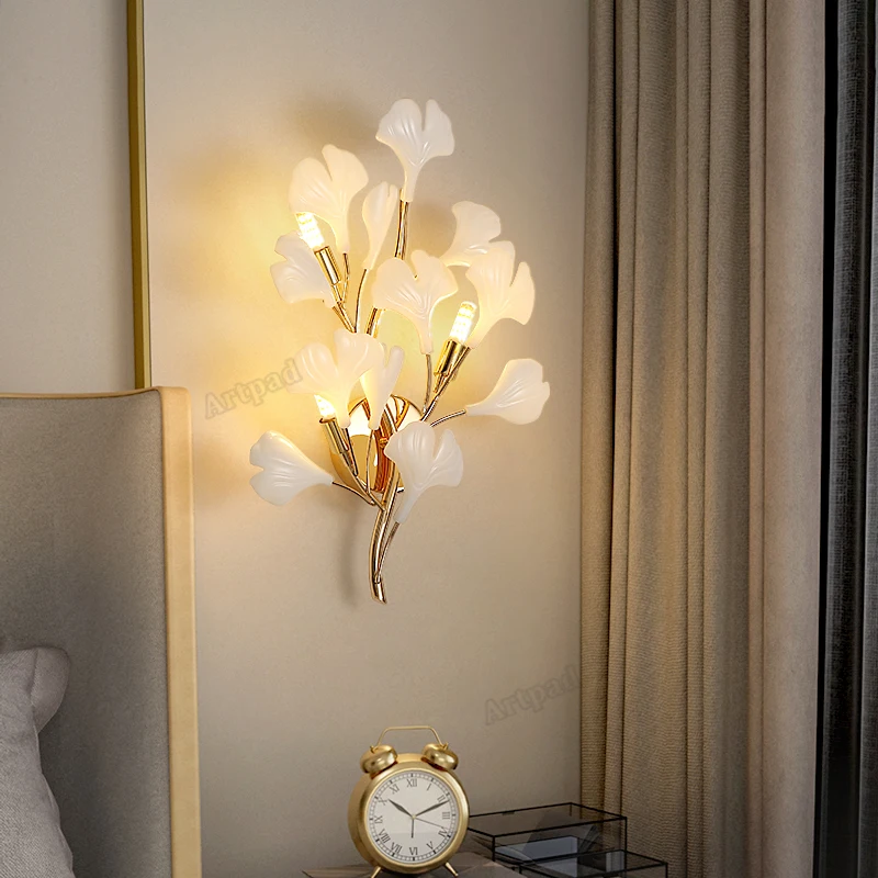 

Nordic Gold Wall Lights Porcelain Leaves Hotel TV Background Decor Light Modern Kitchen Island Lusters Wall Sconce Bedroom G9