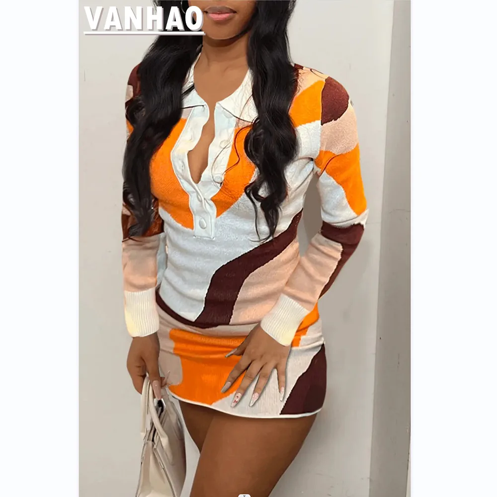 VANHAO 2022 новая зимняя одежда пэчворк базовое платье с принтом женский свитер